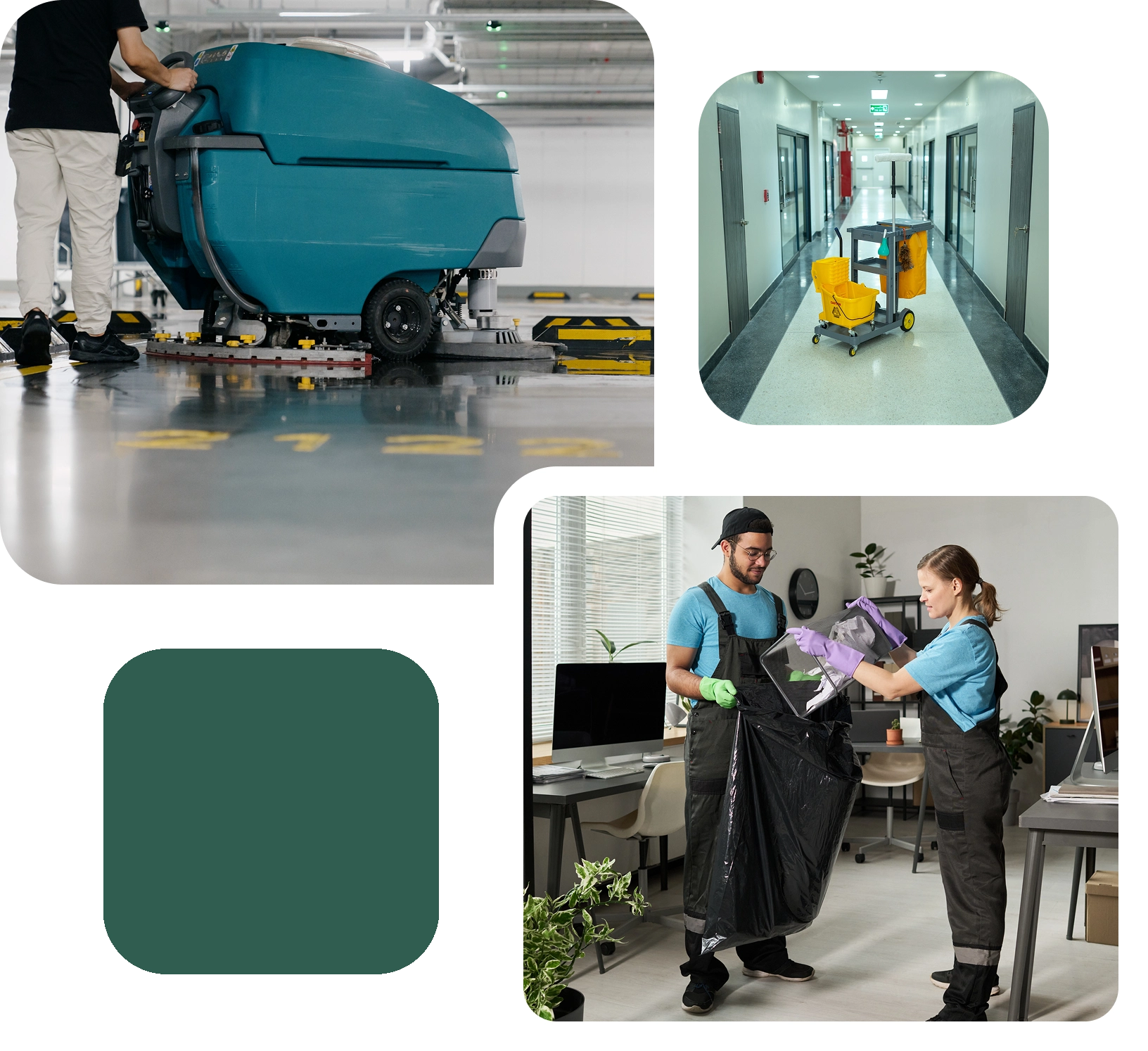 Cleaning professionals using floor scrubbers and polishing floors in various settings.