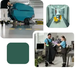 Cleaning professionals using floor scrubbers and polishing floors in various settings