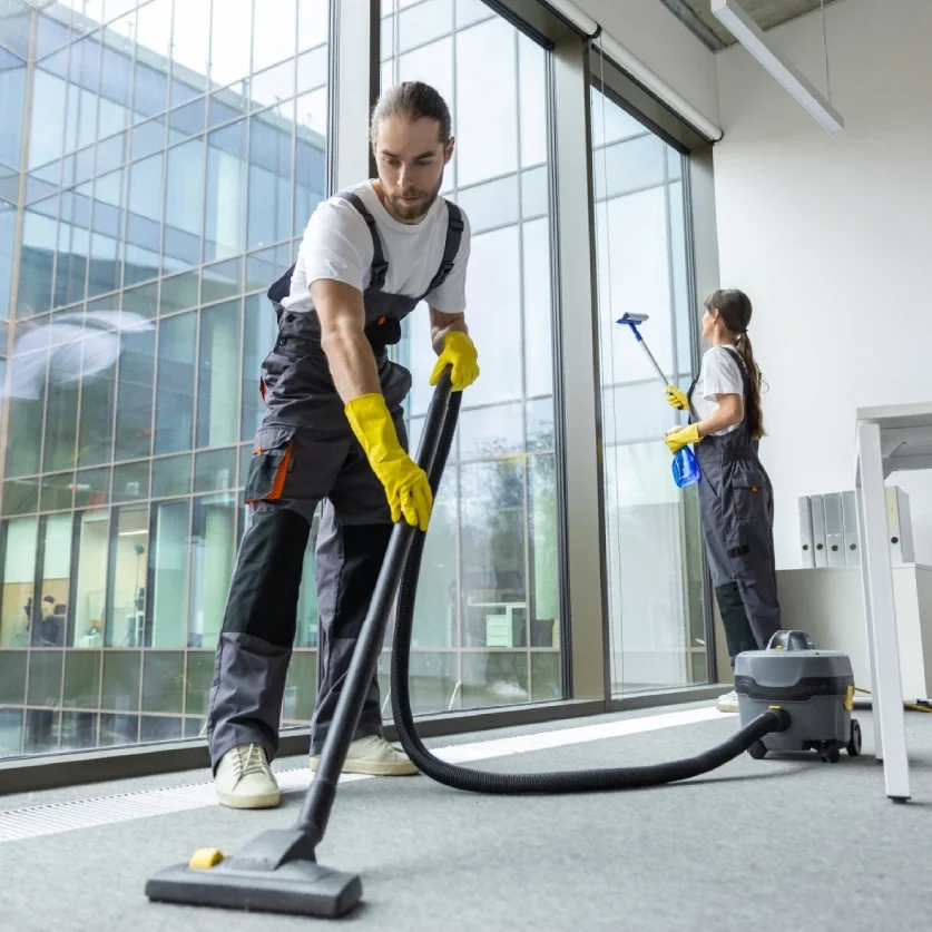 Two janitors cleaning office carpet with vacuum cleaners.